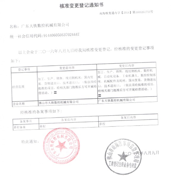 廣東大鐵數控機械有限公司變更通知書